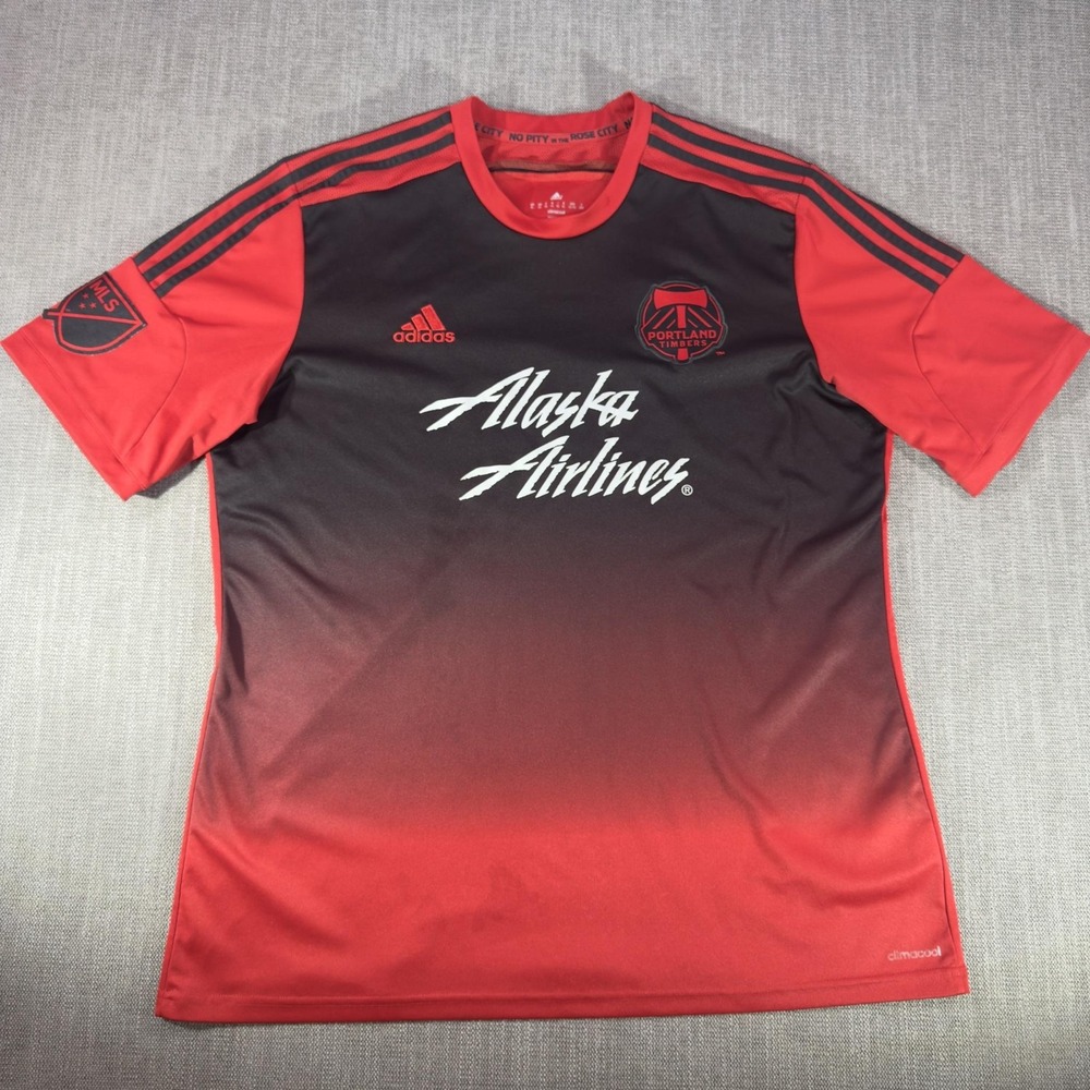Portland Timbers Jersey Mens XL Red MLS Soccer Adidas ClimaCool Alaska Airlines